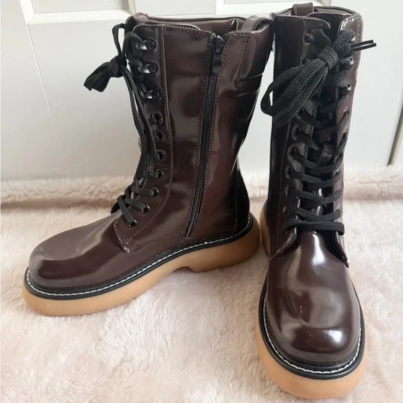 Dream Pairs Glossy Dark Brown Lace-Up Combat Boots - Picture 8 of 17